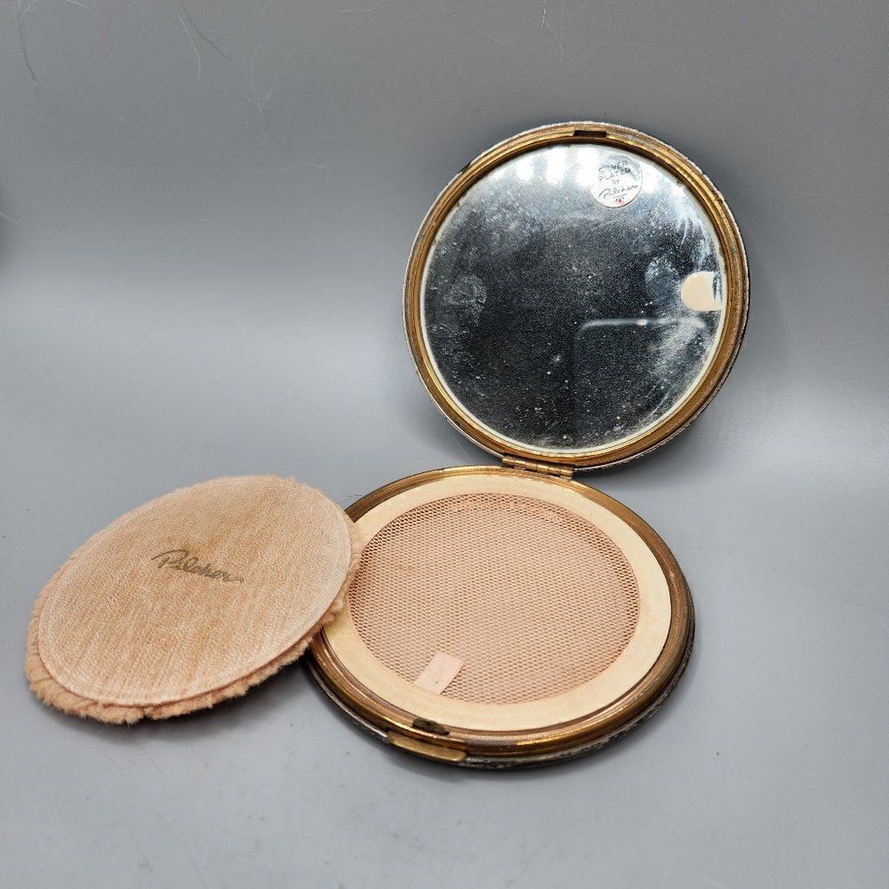 Pilcher Silver Plated Vintage Floral Mirror Compact with Puff Used 3.75 inches